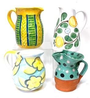 Four (4)  Hand Painted Ceramic and Pottery Pitchers Including - Kazuri Kenya and French Provincial Glazed Polka-Dot Pitcher.