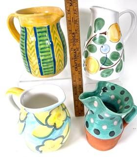 Four (4)  Hand Painted Ceramic and Pottery Pitchers Including - Kazuri Kenya and French Provincial Glazed Polka-Dot Pitcher.