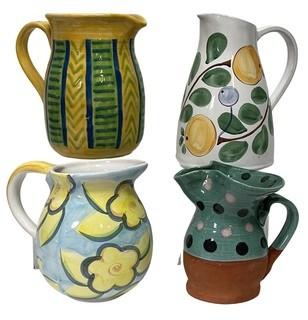 Four (4)  Hand Painted Ceramic and Pottery Pitchers Including - Kazuri Kenya and French Provincial Glazed Polka-Dot Pitcher.