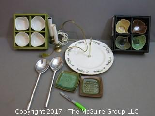 Collection including Ginkko dip bowls, salad tongs, tart plate and pair of electric window lights  