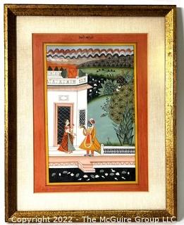 Framed Under Glass Krishna Radha At the Door Gouache Painting on Paper. 13" x 16".