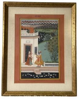 Framed Under Glass Krishna Radha At the Door Gouache Painting on Paper. 13" x 16".