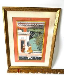 Framed Under Glass Krishna Radha At the Door Gouache Painting on Paper. 13" x 16".