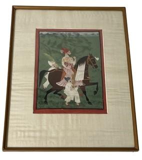 Framed Under Glass Gouache Krishna Radha Painting on Paper.  On Horse. 13" x 16".