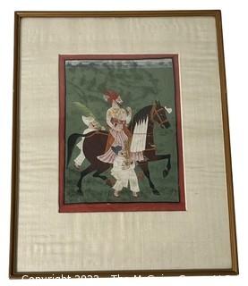 Framed Under Glass Gouache Krishna Radha Painting on Paper.  On Horse. 13" x 16".