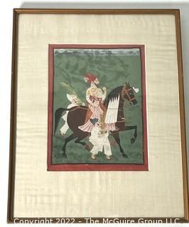 Framed Under Glass Gouache Krishna Radha Painting on Paper.  On Horse. 13" x 16".