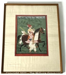 Framed Under Glass Gouache Krishna Radha Painting on Paper.  On Horse. 13" x 16".