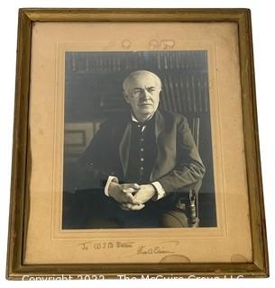 "To WJB Stokes Thos. A Edison" Ink Inscribed. Framed Under Glass Photograph of Thomas Edison. Some water spots.  Measures 10" x 13". (Was 101CJ)