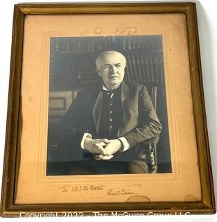 "To WJB Stokes Thos. A Edison" Ink Inscribed. Framed Under Glass Photograph of Thomas Edison. Some water spots.  Measures 10" x 13". (Was 101CJ)