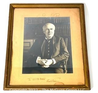 "To WJB Stokes Thos. A Edison" Ink Inscribed. Framed Under Glass Photograph of Thomas Edison. Some water spots.  Measures 10" x 13". (Was 101CJ)