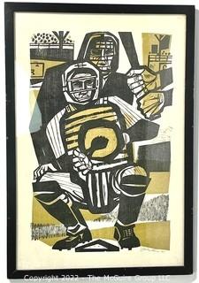 Framed Under Glass Signed Original Color Woodcut Entitled "Baseball" by John Ross Commissioned by NBC, 1960.  15" x 22". (was 331CJ)