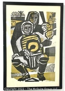 Framed Under Glass Signed Original Color Woodcut Entitled "Baseball" by John Ross Commissioned by NBC, 1960.  15" x 22". (was 331CJ)