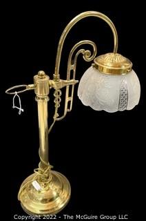 Brass Bridge Arm Adjustable Table Lamp with Frosted Glass Shade 