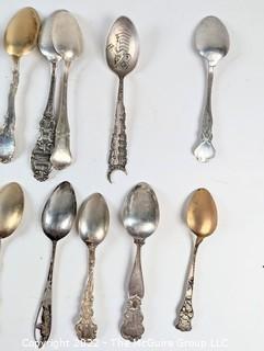 Collection of Victorian Era Sterling Silver State and City Travel Souvenir Teaspoons.  429 grams