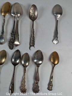 Collection of Victorian Era Sterling Silver State and City Travel Souvenir Teaspoons.  429 grams