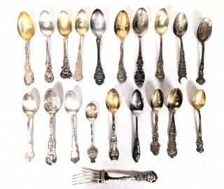 Collection of Victorian Era Sterling Silver State and City Travel Souvenir Teaspoons.  429 grams