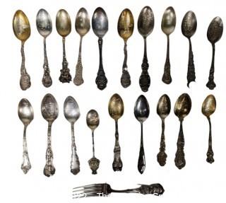 Collection of Victorian Era Sterling Silver State and City Travel Souvenir Teaspoons.  429 grams