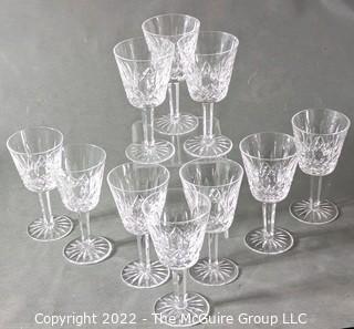 Ten (10) Waterford Cut Crystal Stemmed Wine Glasses. Two with Chips. 6" tall and 3" diameter