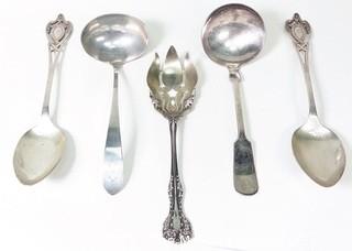 Five (5) Antique Sterling Silver Serving Spoons.  204 grams. 