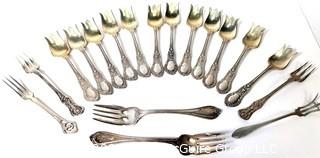 Eighteen (18) Sterling Silver Flatware Forks Including Salad, Pickle and Garnish.  All with Hallmarks.  Weighs 476 grams. 