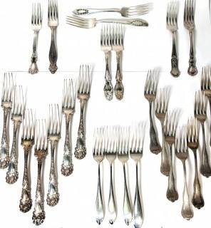 Group of Sterling Silver Forks Flatware by Various Makers. 1380 grams.