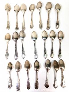 Twenty One (21) Sterling Silver Teaspoons Flatware by Various Makers, All with Hallmarks. 445 grams.