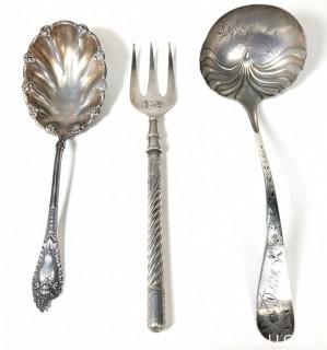 Antique Sterling Silver Serving Utensils Including Spoon, Ladle and Fork. 282 grams