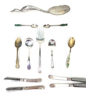 Group of Sterling Silver and Silver Plate Utensils. Large sterling serving spoon, 55 grams
