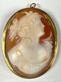 Large Pink Shell Cameo Brooch and Pendant in 10kt Gold Surround. 20 grams total weight.