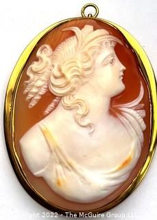 Large Pink Shell Cameo Brooch and Pendant in 10kt Gold Surround. 20 grams total weight.