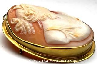 Large Pink Shell Cameo Brooch and Pendant in 10kt Gold Surround. 20 grams total weight.