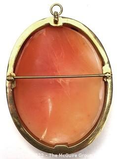 Large Pink Shell Cameo Brooch and Pendant in 10kt Gold Surround. 20 grams total weight.