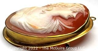 Large Pink Shell Cameo Brooch and Pendant in 10kt Gold Surround. 20 grams total weight.