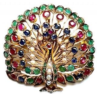 14kt Yellow Gold Peacock Brooch Pendant with Rubies, Emeralds, Sapphires and Pearls. It is unmarked, but tests as 14kt.