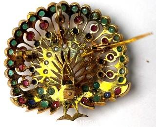 14kt Yellow Gold Peacock Brooch Pendant with Rubies, Emeralds, Sapphires and Pearls. It is unmarked, but tests as 14kt.