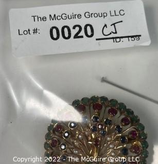 14kt Yellow Gold Peacock Brooch Pendant with Rubies, Emeralds, Sapphires and Pearls. It is unmarked, but tests as 14kt.