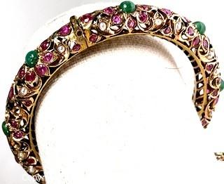 Antique Round 14 Kt Gold Rajwadi Kundan Ruby, Emerald & Pearl Hinged Bangle Bracelet with Safety Chain.  A few stones missing and others loose but included.  42 grams total weight