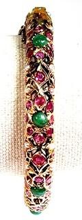 Antique Round 14 Kt Gold Rajwadi Kundan Ruby, Emerald & Pearl Hinged Bangle Bracelet with Safety Chain.  A few stones missing and others loose but included.  42 grams total weight