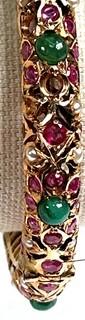 Antique Round 14 Kt Gold Rajwadi Kundan Ruby, Emerald & Pearl Hinged Bangle Bracelet with Safety Chain.  A few stones missing and others loose but included.  42 grams total weight