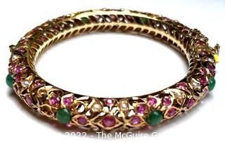 Antique Round 14 Kt Gold Rajwadi Kundan Ruby, Emerald & Pearl Hinged Bangle Bracelet with Safety Chain.  A few stones missing and others loose but included.  42 grams total weight