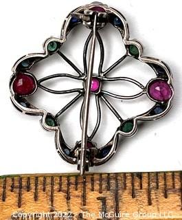 Ruby, Emerald and Sapphire Openwork Pendant Set in Platinum.   6 grams