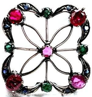 Ruby, Emerald and Sapphire Openwork Pendant Set in Platinum.   6 grams