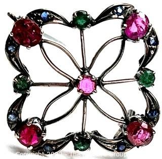 Ruby, Emerald and Sapphire Openwork Pendant Set in Platinum.   6 grams