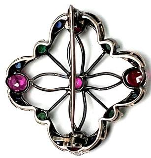 Ruby, Emerald and Sapphire Openwork Pendant Set in Platinum.   6 grams