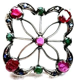 Ruby, Emerald and Sapphire Openwork Pendant Set in Platinum.   6 grams