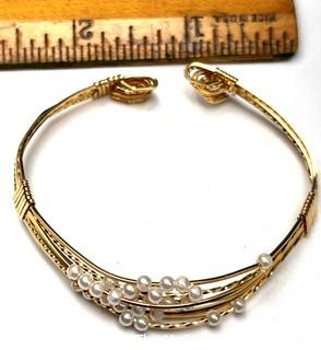 Multi Strand Fresh Water Pearl Cuff Bracelet on 14Kt Gold Wire.  Unmarked but Tested. 8 grams total weight. 