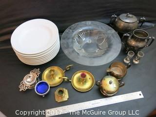 Collection including tri-footed etched glass bowl, set of (8) serving bowls and vintage silver plate and sterling table ware  