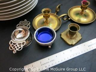 Collection including tri-footed etched glass bowl, set of (8) serving bowls and vintage silver plate and sterling table ware  