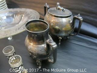 Collection including tri-footed etched glass bowl, set of (8) serving bowls and vintage silver plate and sterling table ware  