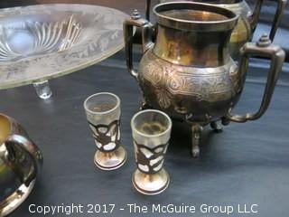 Collection including tri-footed etched glass bowl, set of (8) serving bowls and vintage silver plate and sterling table ware  